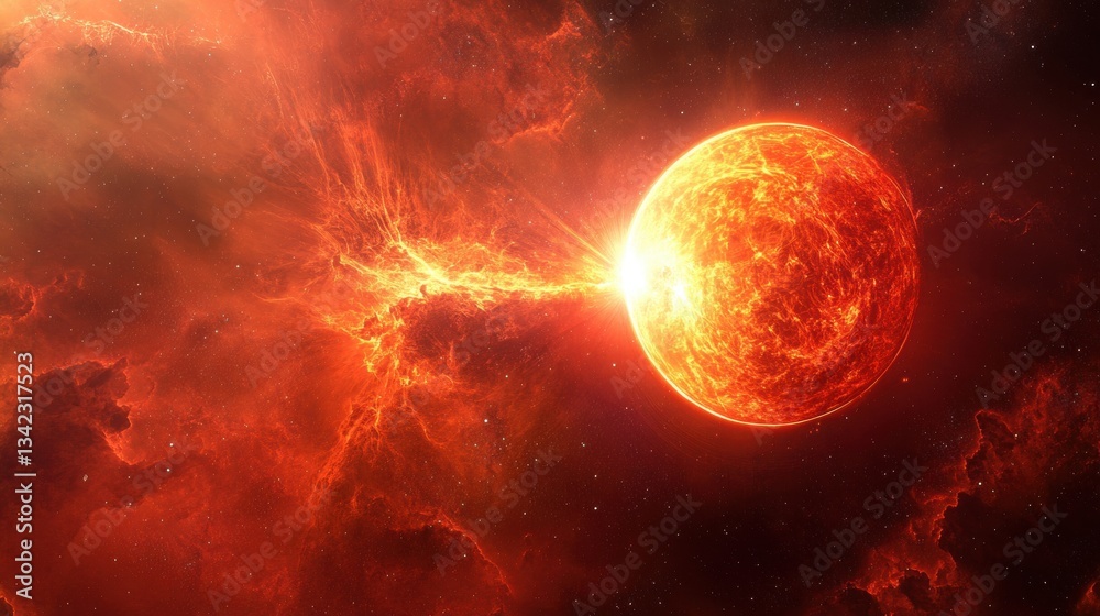 Obraz premium Fiery Star Erupts in a Vibrant Cosmic Scene Surrounded by Colorful Nebulae and Celestial Clouds of Gas and Dust