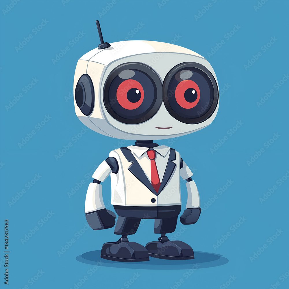 Playful Cartoon Robot Illustration: Futuristic Digital Art Showcasing Friendly, Dynamic AI in Business Attire on Blue Background Playful Cartoon Robot Illustration: Futuristic Digital Art Showcasing Friendly, Dynamic AI in Business Attire on Blue Background