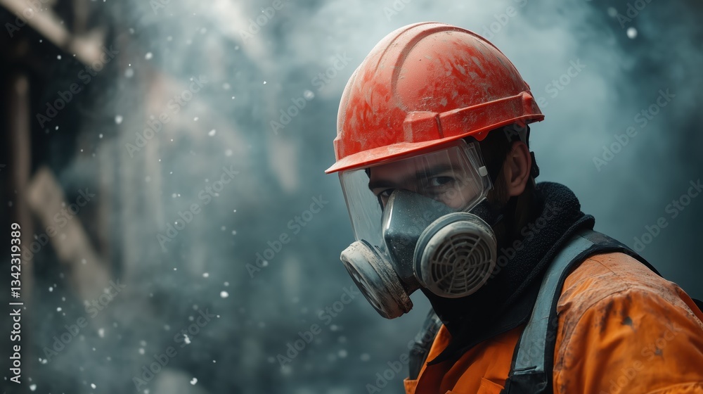 A worker in a red safety helmet and respirator mask stands amidst swirling dust, highlighting occupational safety and the risks of industrial air pollution. A worker in a red safety helmet and respirator mask stands amidst swirling dust, highlighting occupational safety and the risks of industrial air pollution.