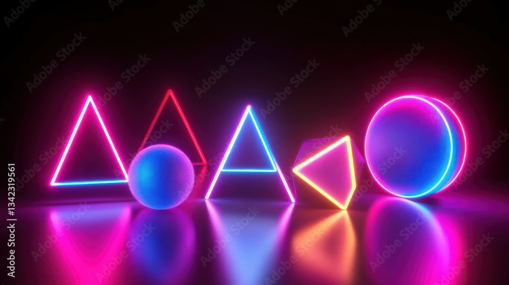Naklejka premium Neon Geometric Shapes with Reflections in Dark Background
