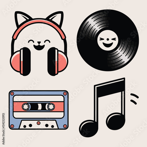 2d vector illustration icon cool entertainment cartoon character  music tools (Drum , Music Note , Headphones ,Microphone , Piano , Guitar ,Record) 
