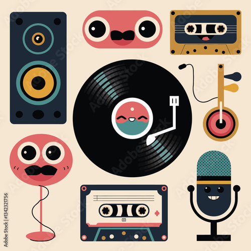 2d vector illustration icon cool entertainment cartoon character  music tools (Drum , Music Note , Headphones ,Microphone , Piano , Guitar ,Record) 
