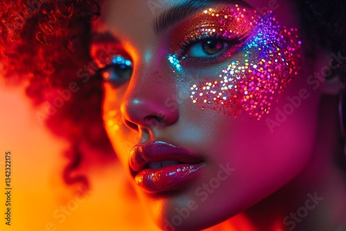 Portrait of a model adorned with colorful rhinestones radiating beauty and creativity at a vibrant photoshoot