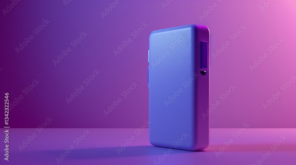 A high-quality 4K shot of a portable charger placed on a solid purple background, ultra-detailed lighting and reflections.