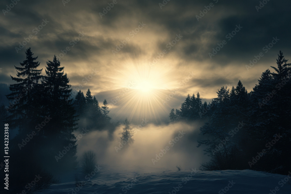 Fototapeta premium Sun shining through fog in snowy forest landscape