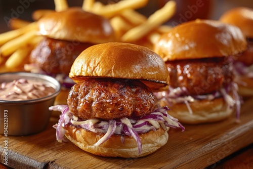 Three mini meatball sliders with coleslaw, fries, and sauce