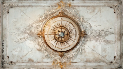 Ornate vintage-style ceiling decoration featuring a compass rose surrounded by antique maps, gold accents, and decorative plasterwork. 
