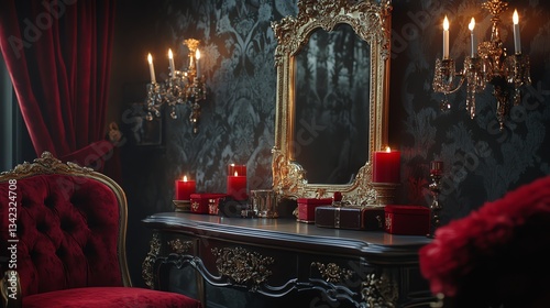 Opulent Victorian Boudoir with Candles and Golden Mirror