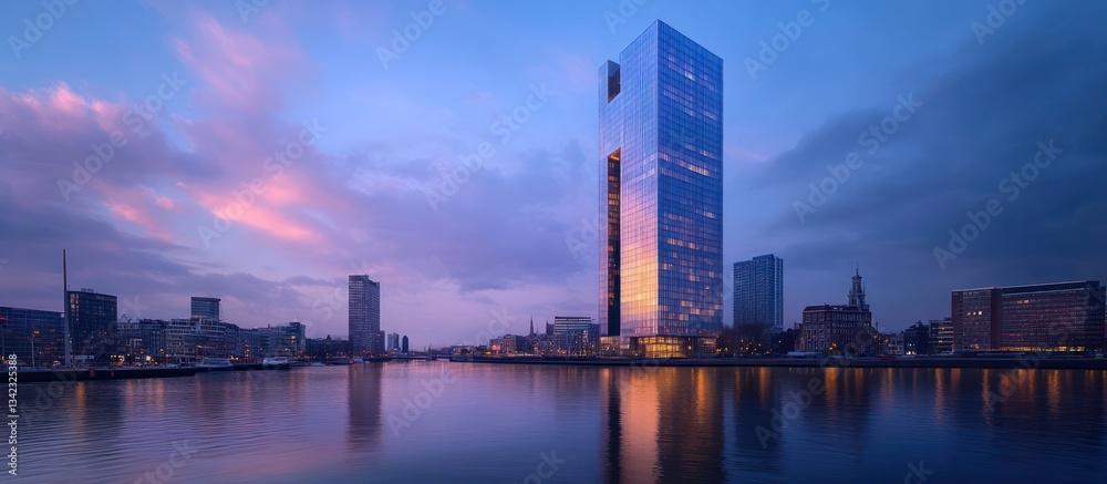 Naklejka premium Cityscape dawn, river, skyscraper reflection