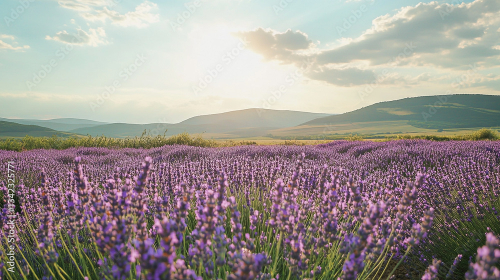 Obraz premium A lavender field in bloom under a bright sky with hills in the distance on a sunny day scenery