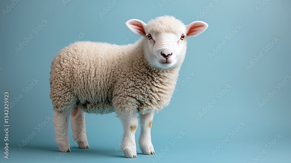 Fototapeta premium Adorable Fluffy Lamb on Light Blue Background