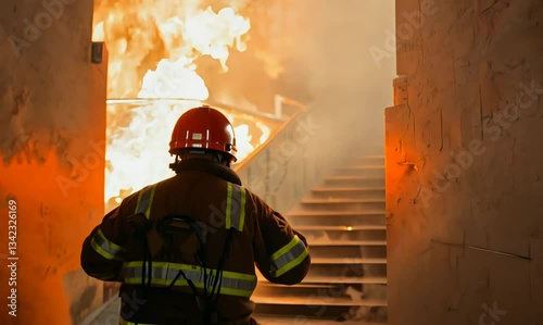 dynamic slow motion of firefighter running up fiery stairs