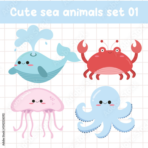 Cute sea animals element set in kawaii style. Suitable for flat design graphic illustration, clip art,  posters, stickers, cards, etc