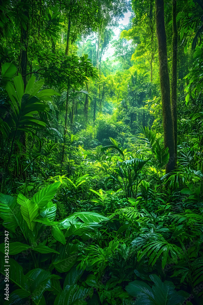 Naklejka premium Serenely Balanced Ecosystem: A Harmony of Diverse Vegetation and Tranquil Retreat in Untouched Wilderness
