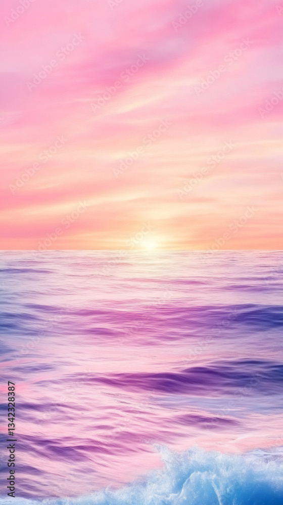 Naklejka premium Soft ocean mirroring pastel pink and purple sunset, gentle waves washing tranquil shoreline under glowing evening sky