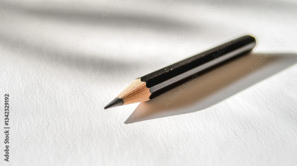 Close-up of a Black Pencil on a Blank White Sheet of Paper with Soft Shadow in Natural Light Close-up of a Black Pencil on a Blank White Sheet of Paper with Soft Shadow in Natural Light