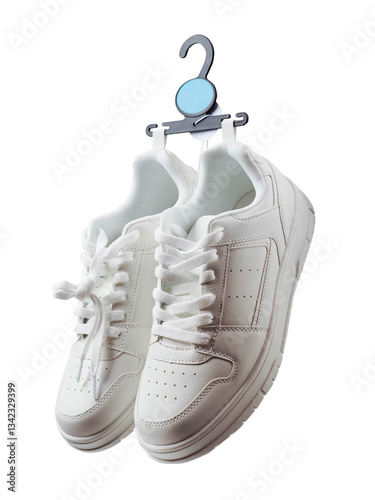 Pair of white brand new sport style shoes on white background. Simple casual footwear.