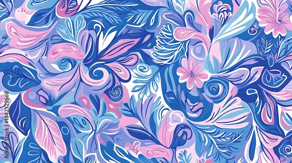 Fototapeta premium Abstract floral pattern, blue and pink swirls, seamless design, textile print, background texture