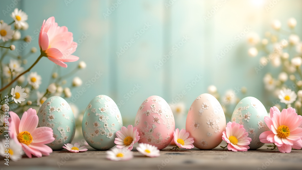Pastel Easter Eggs and Spring Blossoms Still Life