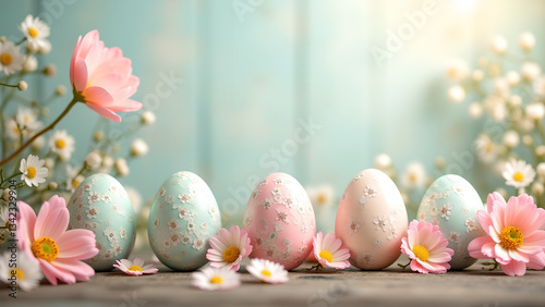 Obraz na płótnie Pastel Easter Eggs and Spring Blossoms Still Life w salonie