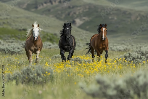 Three horses running, wildflowers, hills, Montana, freedom photo