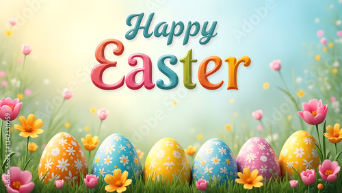 Pastel Happy Easter Eggs and Spring Flowers