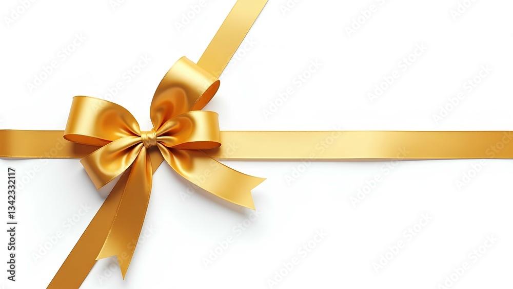 Fototapeta premium A luxurious golden bow, a symbol of elegant gifting and celebration, tied with precision on a pristine white background, showing rich, lustrous satin texture.