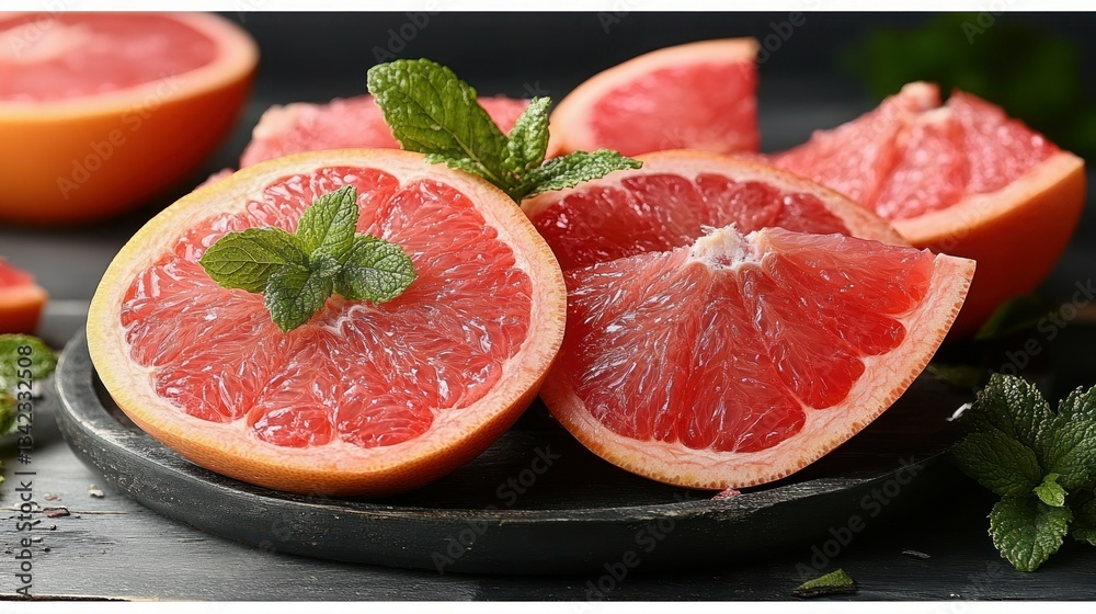 Freshly sliced grapefruits with mint garnish Freshly sliced grapefruits with mint garnish