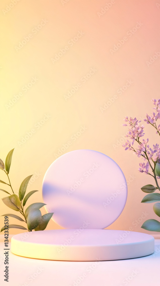 Obraz premium Minimalist product presentation using white round pedestals, verdant greenery against soft pastel backdrop, bathed in warm, inviting illumination