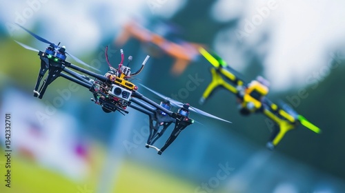 Dynamic aerial display: racing drones soaring in a vibrant outdoor competition