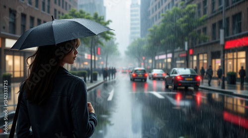 Woman with an Umbrella Walking in the Rainy City