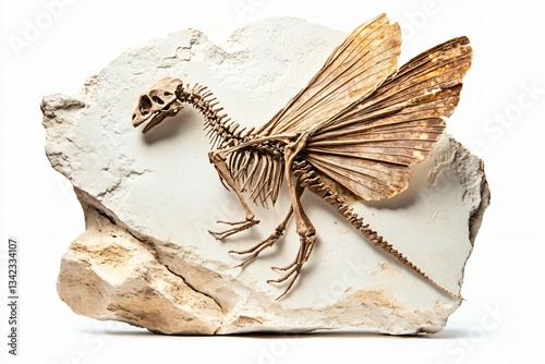 A fossilized dinosaur skeleton with wings, embedded in a light-colored rock matrix, against a white background.  photo