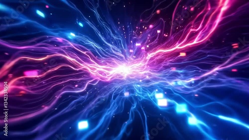 A distorted video stream of flowing energy that glitches as the colors shift and the frames break into stuttering pixel squares photo