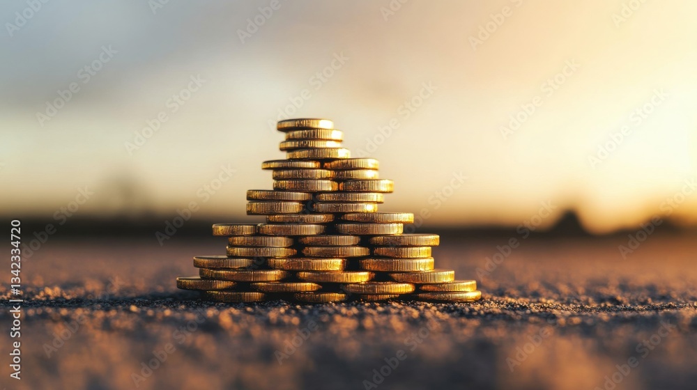 Obraz premium Close-Up Image of Stacked Gold Coins Against a Sunset Sky with Soft Focus Background for Financial and Investment Themes