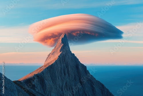 Majestic mountain peak capped by a breathtaking lenticular cloud formation at sunset.