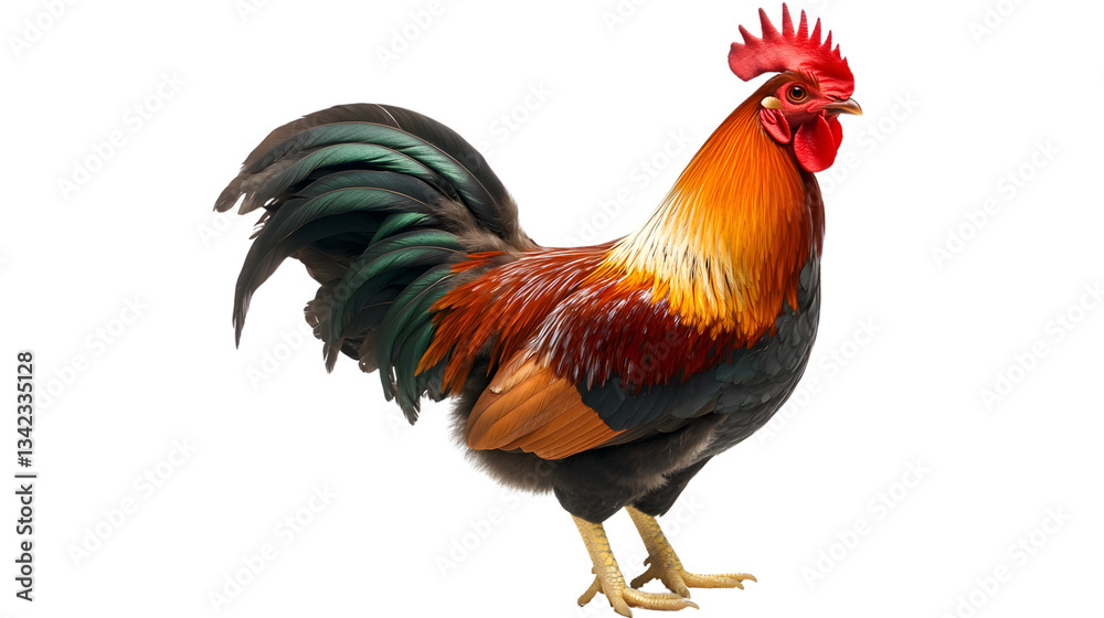Fototapeta premium Colorful Rooster Farm Animal Poultry Bird Vivid Feathers Agriculture Animal Portrait Red