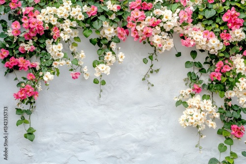 A wall covered with beautiful climbing pink and white flowers