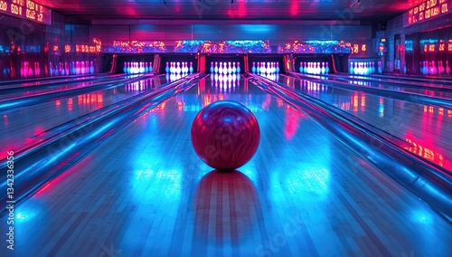 Vibrant bowling alley interior, illuminated by bright pink and blue lights, reflecting on polished wooden lanes. A single crimson bowling ball rests in the center.  The lanes, walls, and lighting