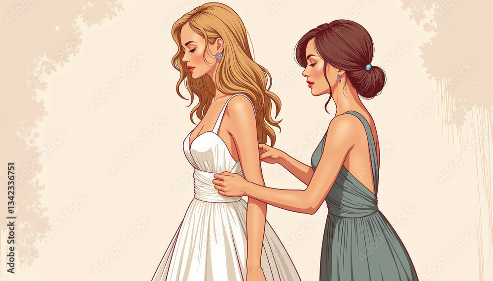Helping with dress fitting adjusting bridal gown before a wedding Helping with dress fitting adjusting bridal gown before a wedding