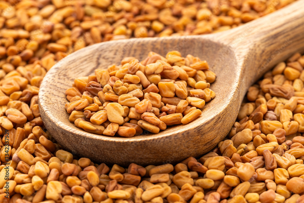 Fototapeta premium Natural aromatic fenugreek seeds in the spoon - Natural food