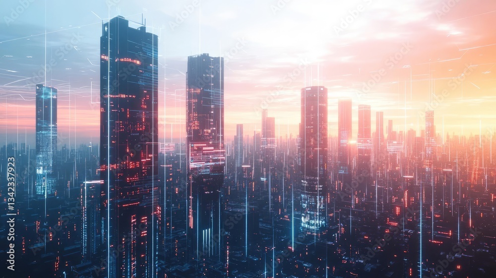 Fototapeta premium Futuristic Cityscape at Sunset with Glowing Structures