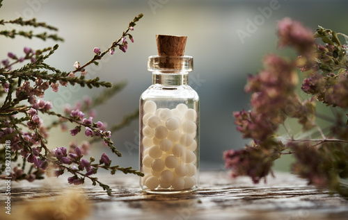 Fotografía Homeopatic globules in a glass bottle on a table, with dried herbs