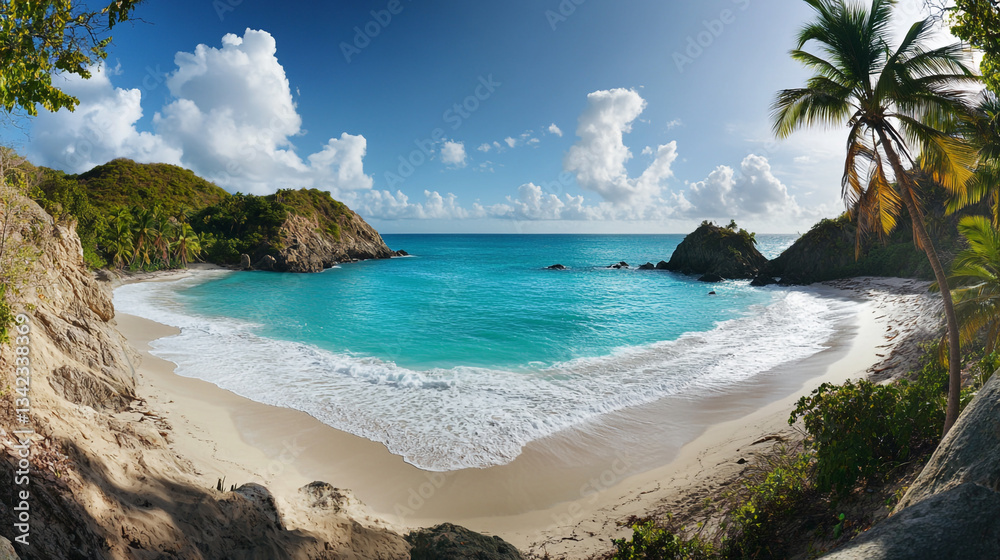 Aerial view of a tropical beach with turquoise water and white sand surrounded by lush greenery Aerial view of a tropical beach with turquoise water and white sand surrounded by lush greenery
