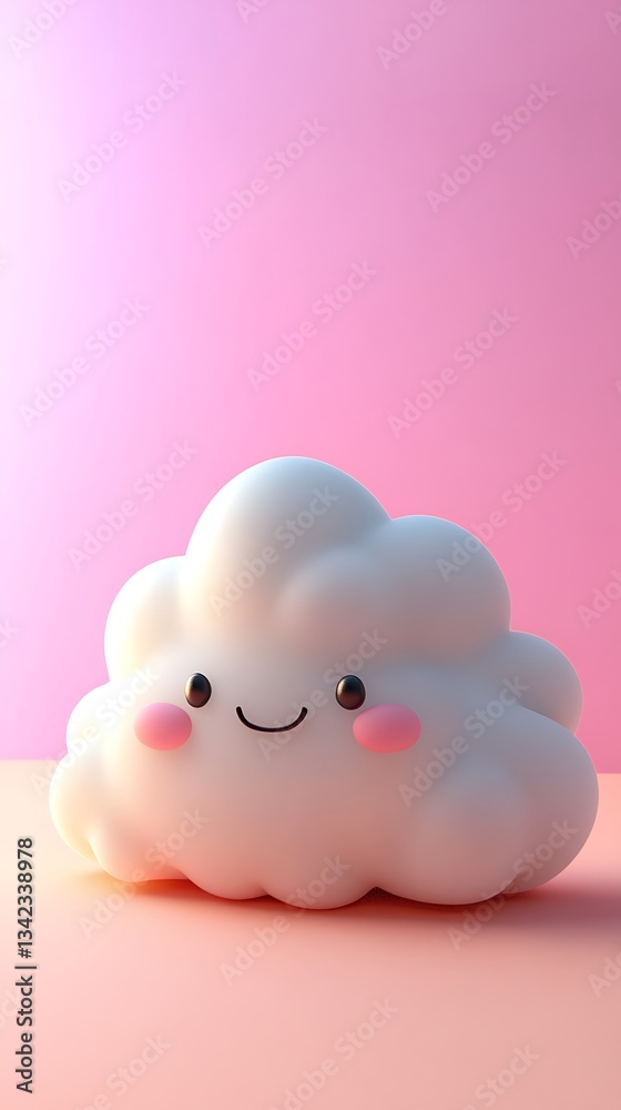 A cheerful, smiling cloud friend brings joy and warmth to a pastel pink landscape bathed in soft, gentle light.