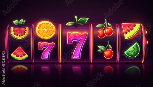 Vibrant slot machine reels with fruit symbols and lucky sevens, set against a dark background with reflections