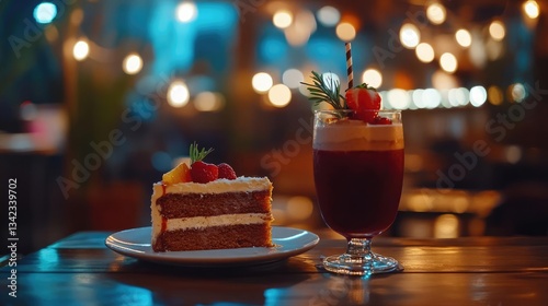 Delicious Layered Cake and Refreshing Fruit Cocktail on Wooden Table at Nighttime and Evening Lights