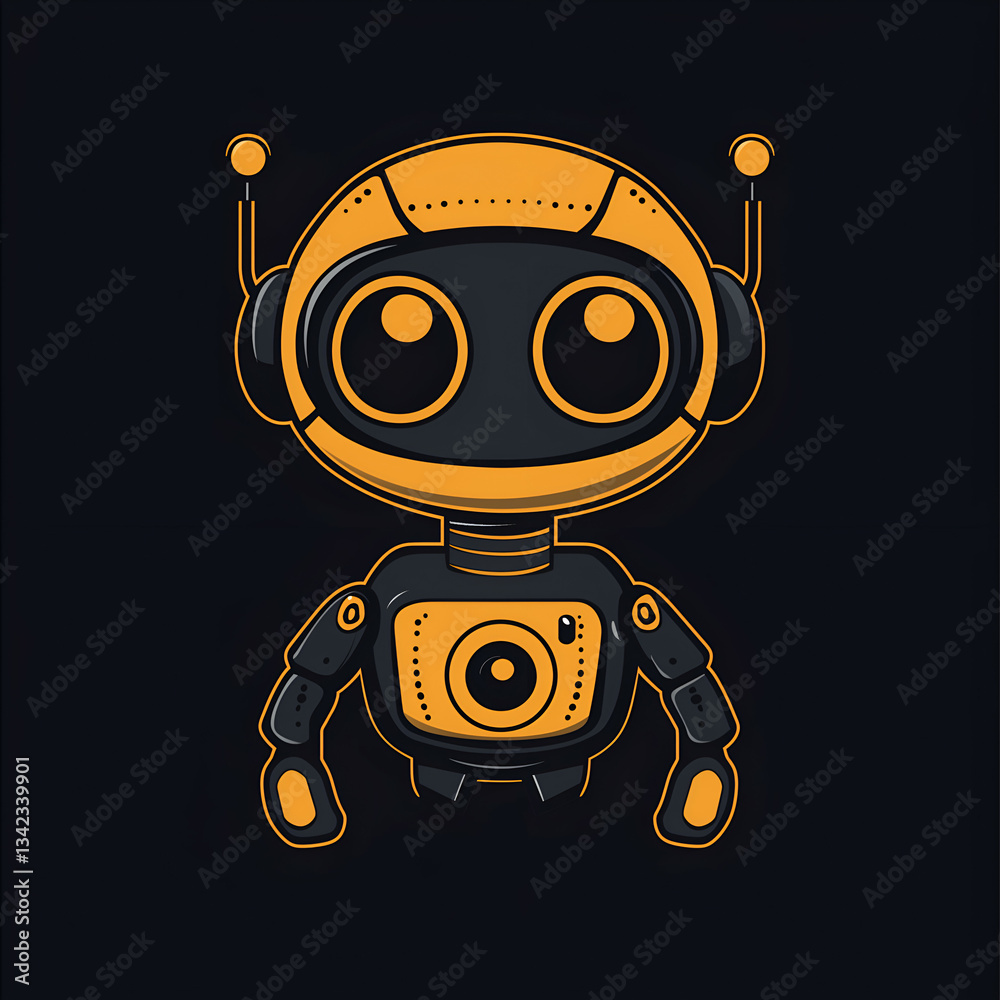 Fototapeta premium Cute Cartoon Robot Illustration: Charming Yellow & Black Sci-Fi Character