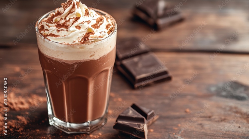 Rich and Creamy Hot Chocolate Topped with Whipped Cream and Chocolate Shavings on a Rustic Wooden Table with Chocolate Squares in Background Rich and Creamy Hot Chocolate Topped with Whipped Cream and Chocolate Shavings on a Rustic Wooden Table with Chocolate Squares in Background