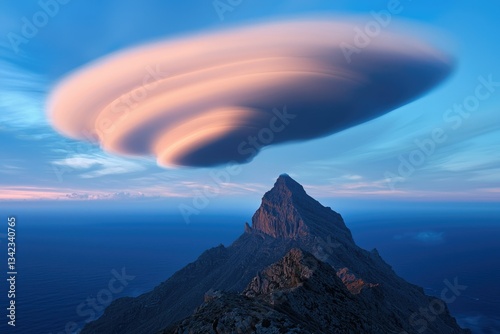 A breathtaking lenticular cloud formation hovers over a majestic mountain peak, a serene coastal scene at sunset.