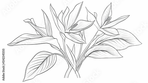 Bird of Paradise flower line drawing, botanical illustration, white background, for design